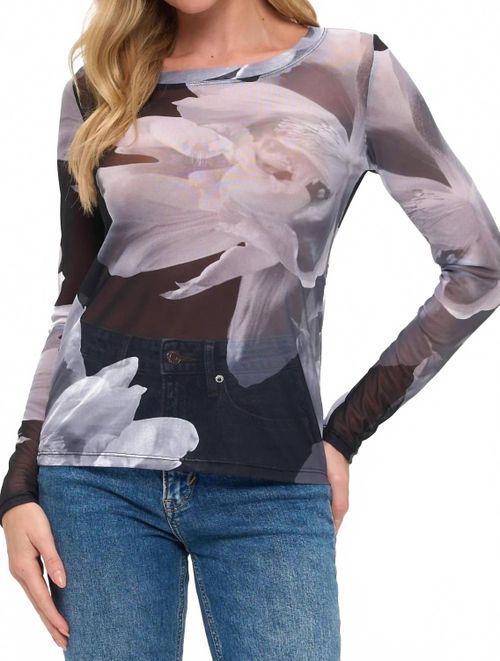 Floral Mesh Long Sleeve Top In Grey