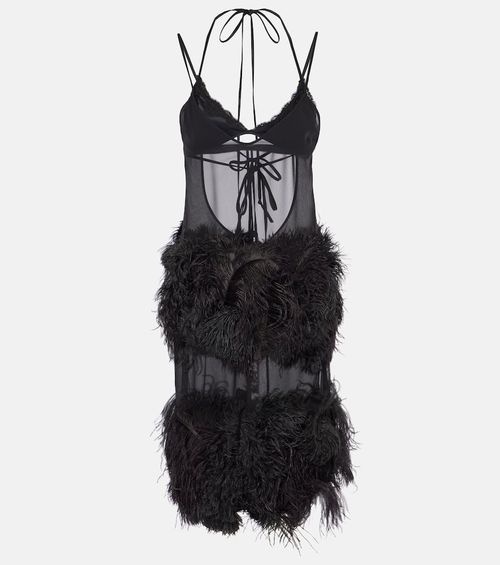 Sheer feather-trimmed midi dress