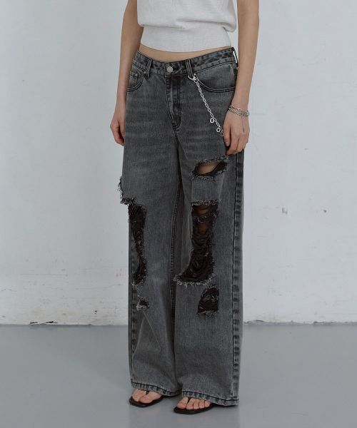 DAMAGED WIDE-LEG DENIM JEANS_ WASHED GREY