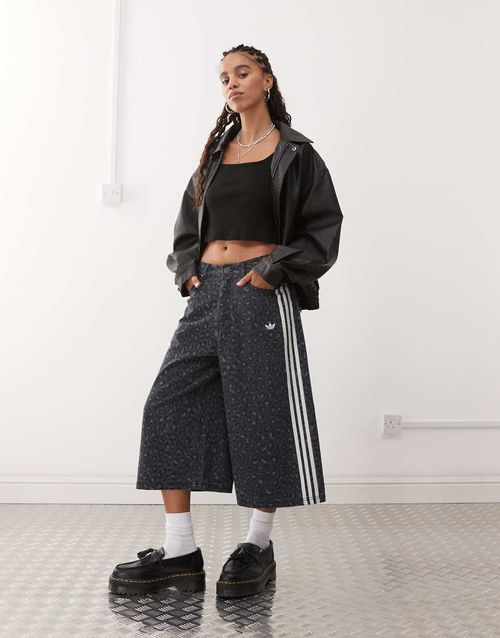 Adidas Originals denim jorts in black leopard print-Multi