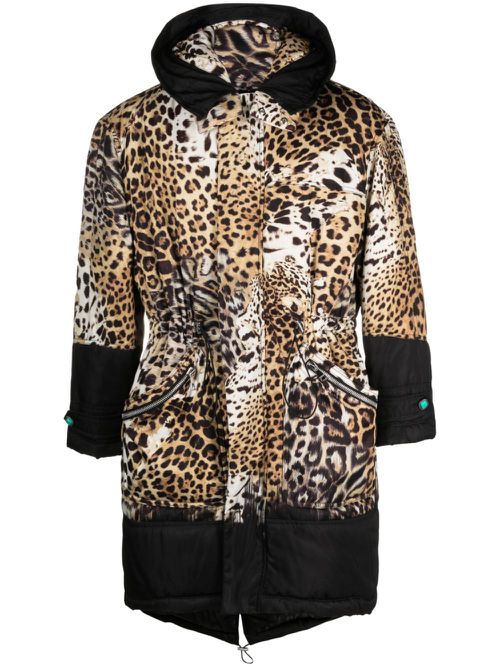 Animal-print padded hooded coat - Neutrals