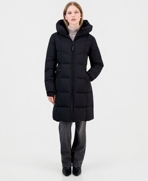 Women's Hooded Zippered Puffer Coat - Black