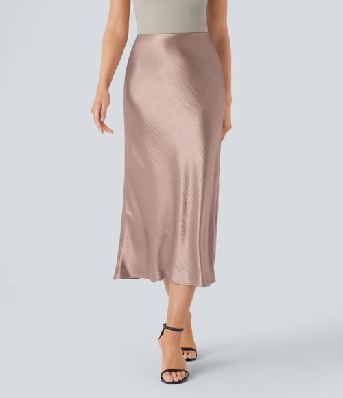 High Waisted Satin Midi Work Mermaid Skirt  - Misty Rose