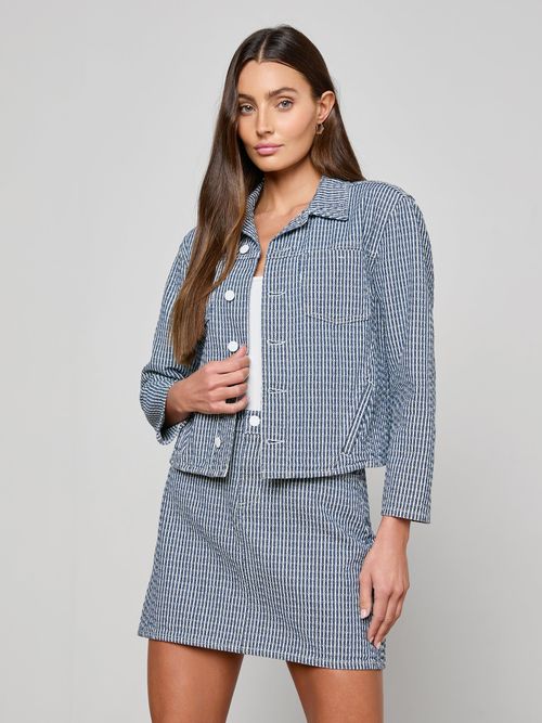 Nelly Cropped Jean Jacket In Vista Blue Stripe