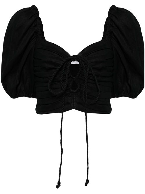 Leah puff-sleeve linen top - Black