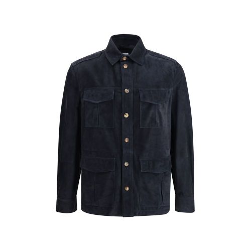 Suede Leather Shirt Jacket Jacket — Navy