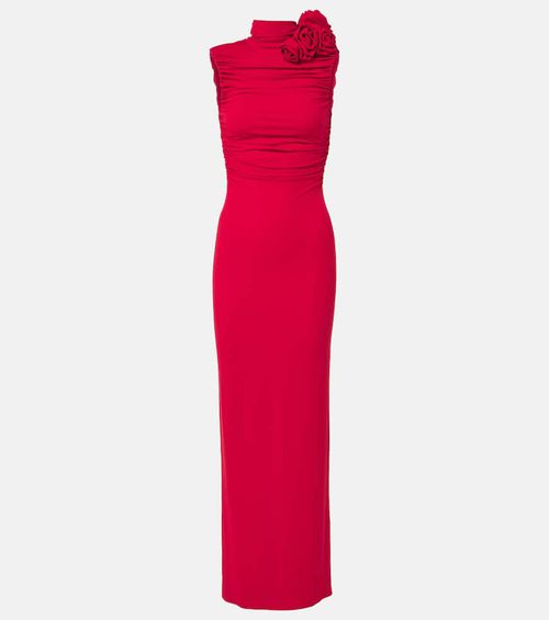Floral-appliqué ruched jersey gown