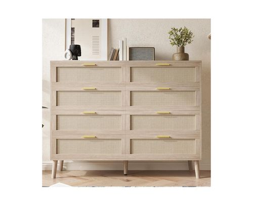 "8 Drawer Rattan Dresser, 47.2"" x 15.7"" x 37"" Rattan Chest of Dressers, Mid Century Modern Dresser for Closet with Handles, Large Table Top, Dresser Be"