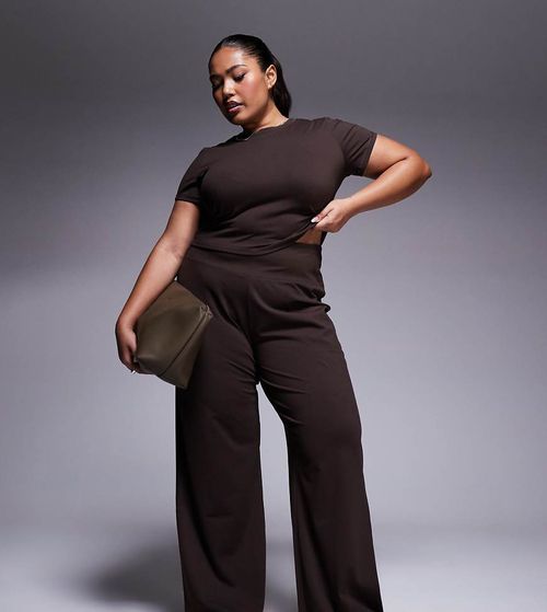 Curve Icon soft touch high waist wide leg dance pant in chocolate-Brown
