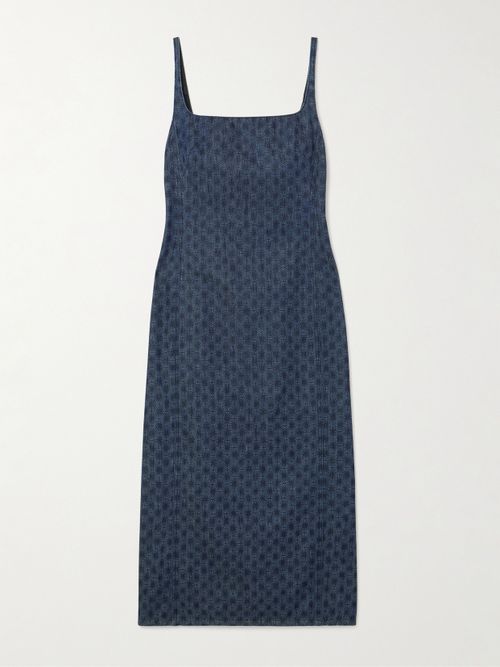 Printed Denim Midi Dress - Blue