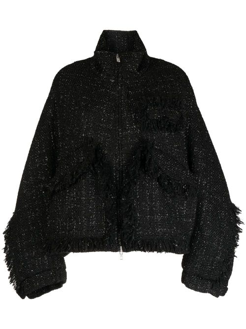 Stand-collar tweed bomber jacket - Black