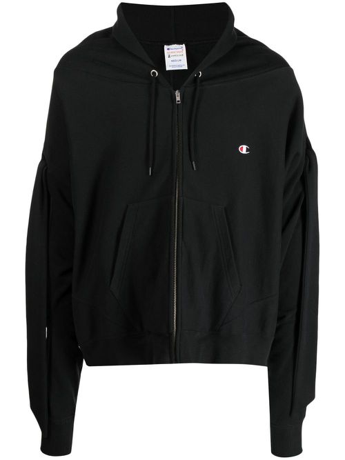 Draped sleeve drawstring hoodie - Black