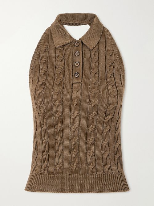 Cable-knit Halterneck Stretch-silk Polo - Brown