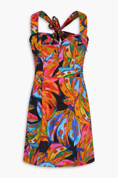 Bow-detailed printed linen-blend mini dress - Multicolor - XL