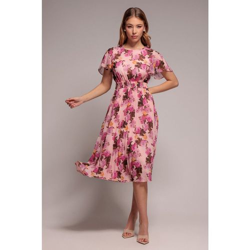 Goddiva Flutter Sleeve Pleated Skirt Floral Midi Dress - Pink