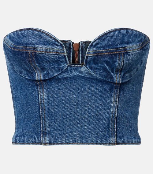 Floral-appliqué denim bustier top
