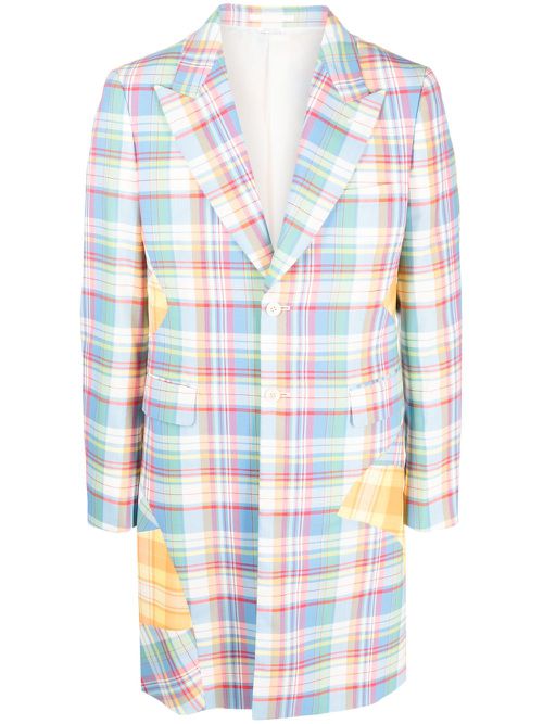 Plaid patchwork single-breasted coat - Blue