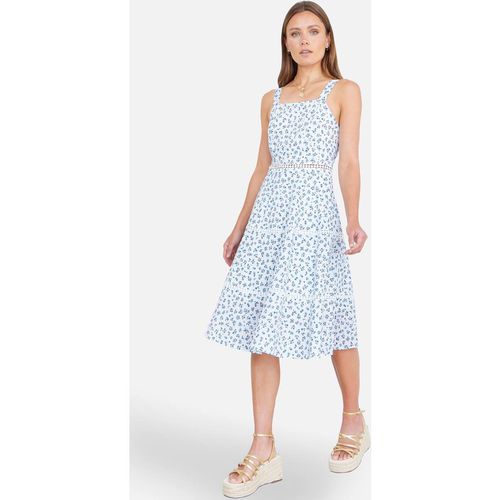 Yumi Women's White Ditsy Floral Cotton Midi Sun Dress With Lace Trims in Cool White