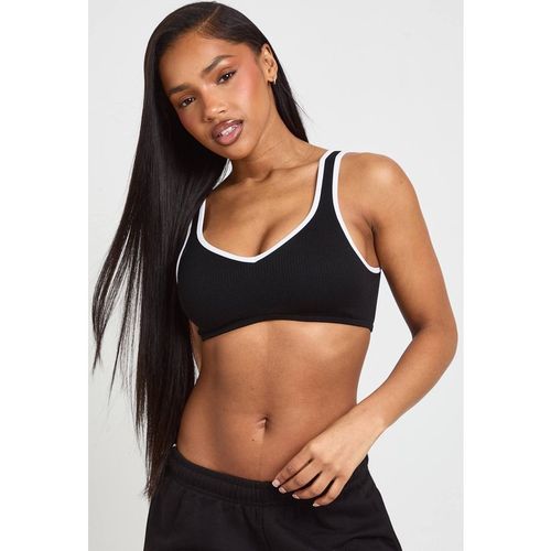 Boohoo Women's Contour Ribbed Seamless Contrast Binding Padded Sports Bra in Black | : Sma