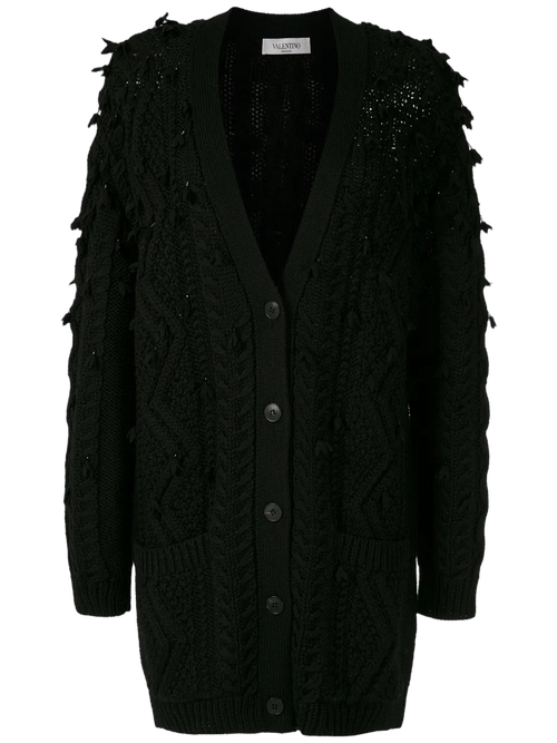 Tassel-Trim Cable-Knit Cardigan — Black