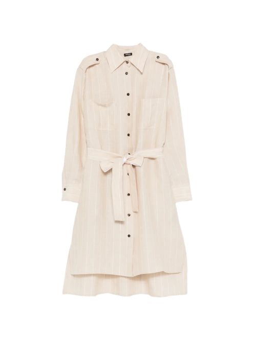 Striped Belted Linen Shirt Dress — Beige