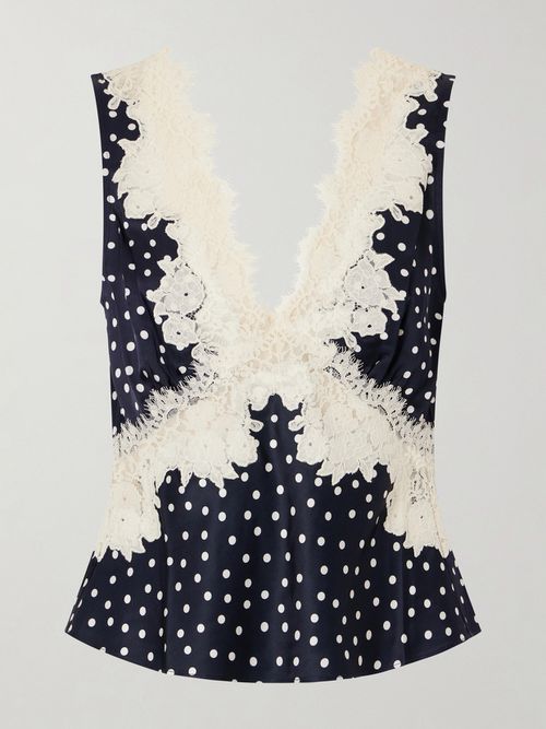 Emmie Lace-trimmed Polka-dot Satin Top - Navy