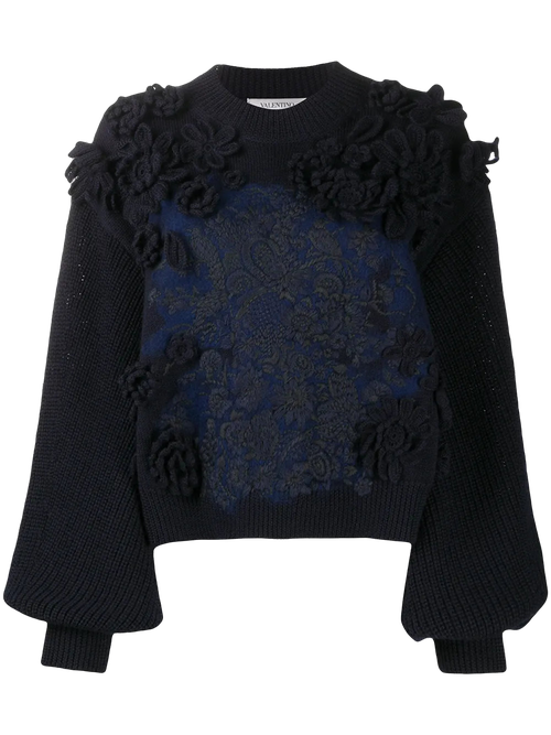 Embroidered Wool Sweater — Navy