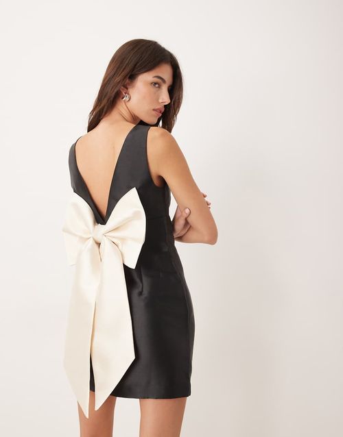 Cameron bow back satin mini dress in black mono