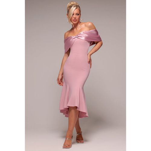 Goddiva Twist Knot Satin & Scuba Bardot High Low Midi Dress - Blush Pink