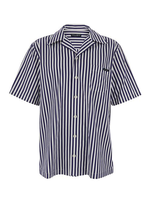 Blue Bowling Shirt With Cuban Collar And Striped Motif In Cotton Man