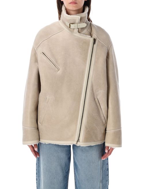 Adelina Shearling Jacket with Asymmetric Zip & High Buckled Collar
