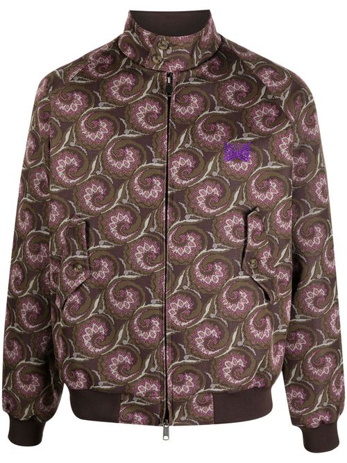 Graphic-pattern funnel neck jacket - Brown