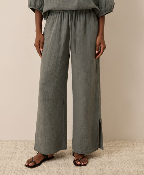 Women's Castor Green Coastal Double Gauze Split Hem Pant
