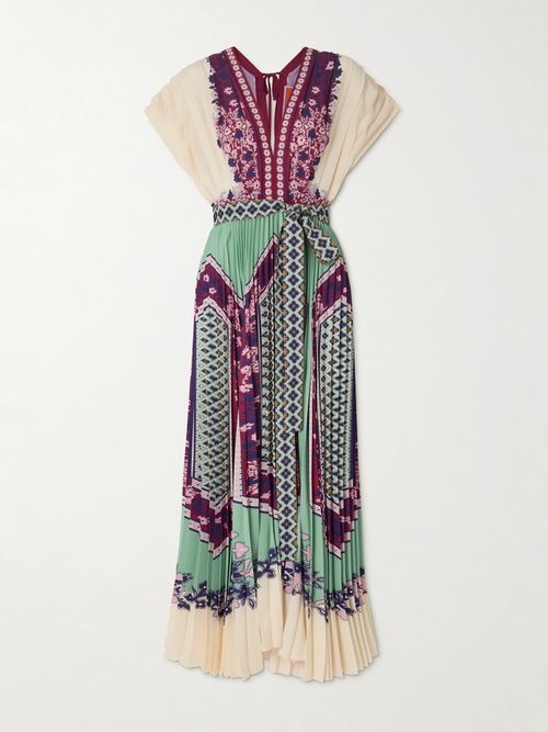 Belted Printed Pleated Crepe De Chine Maxi Dress - Multi