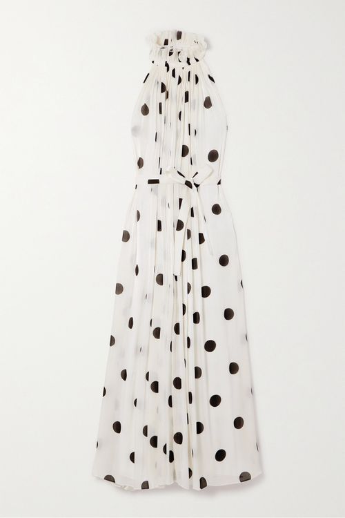 Open-back Ruffled Bow-detailed Polka-dot Crepon Halterneck Midi Dress - White