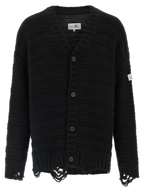Distressed Virgin Wool Cardigan — Black