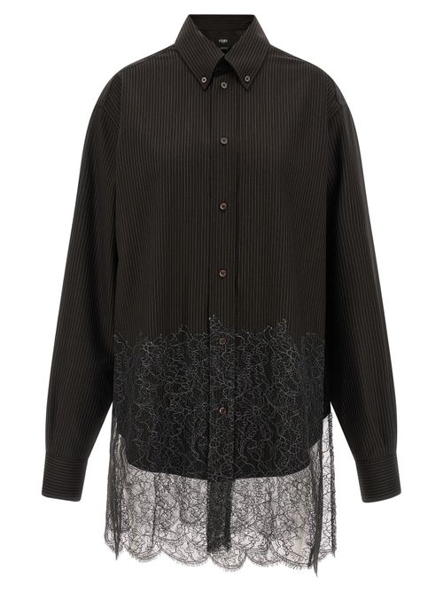 Pinstriped Virgin Wool with Lace Insert Blouse — Brown