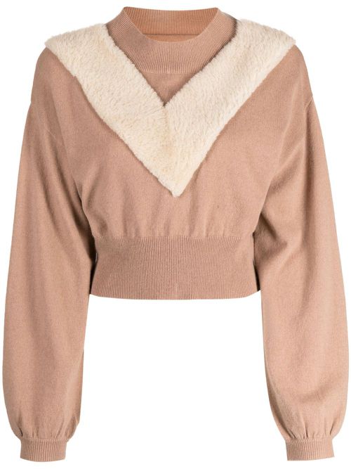 High-neck shearling-detail jumper - Neutrals
