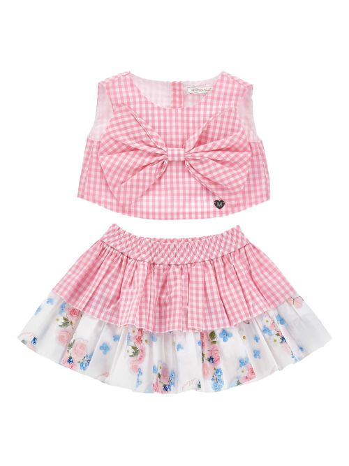 Mini Gingham Floral Print Dress with Bow Detail
