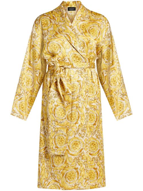 Barocco-print silk-satin robe - Yellow