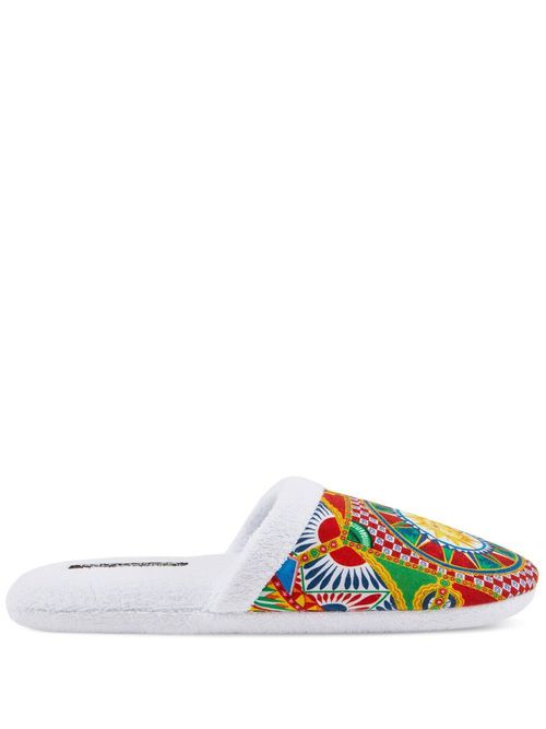 Carretto Siciliano-print terry slippers - White