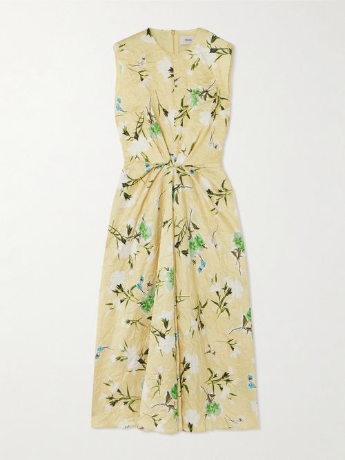 Gathered Floral-print Crinkled-satin Midi Dress - Yellow