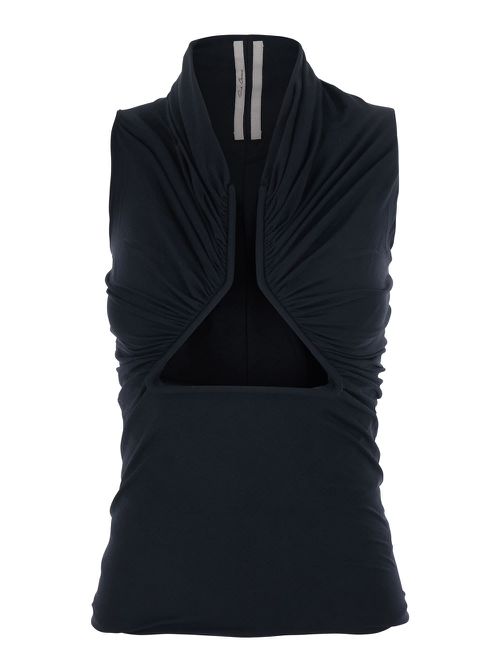 Black Top With Ruffled Design And Front Slit In Fabric Woman