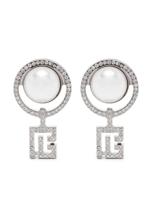 Balmain Pre-Owned Art Deco clip-on earringssilver-tone polished finish clip-on design round-cut white crystals faux-pearl embellishment These earri...