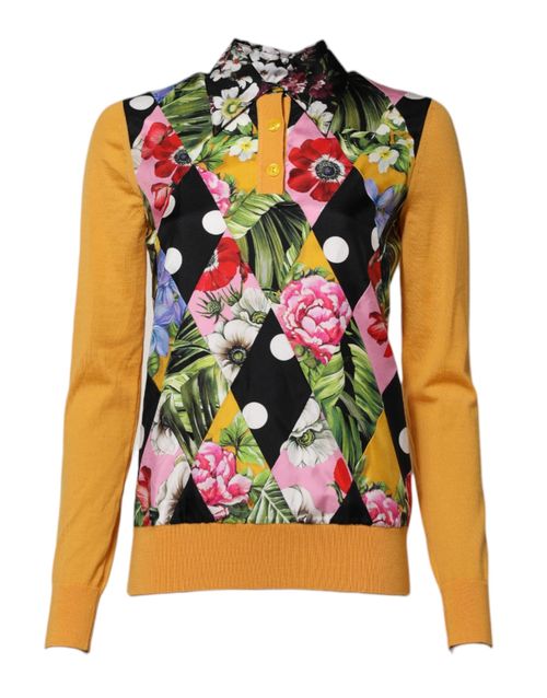 Floral-Print Cashmere-Silk Polo Top — Yellow