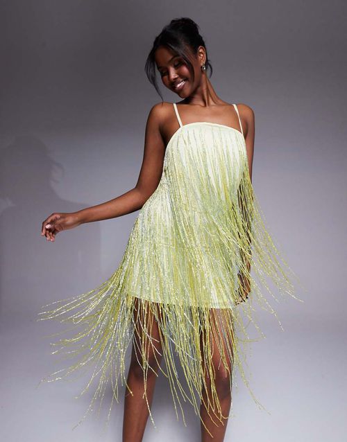 ASOS DESIGN beaded fringe mini cami dress in pale yellow