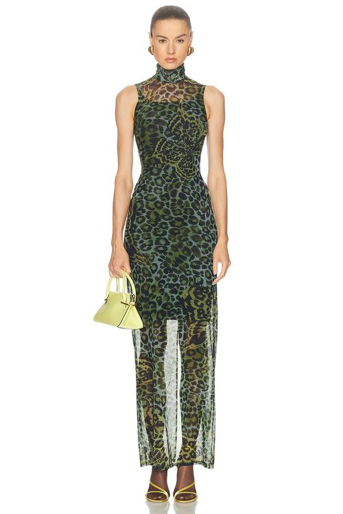 Blumarine Print Net Maxi Dress in Green,Black