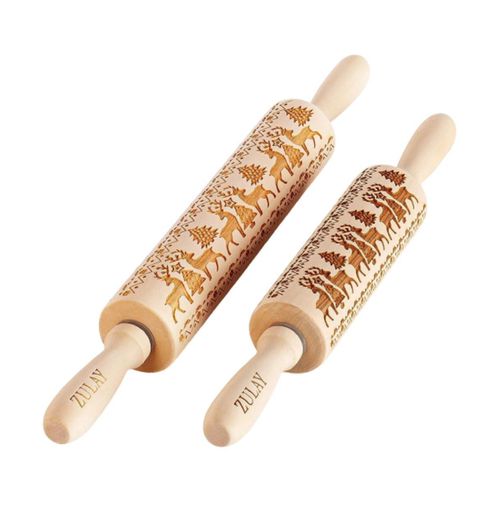 Wooden Carved Christmas Rolling Pin 2-Pc. - Brown