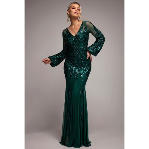 Goddiva Embellished Sequin Bishop Sleeve Maxi Dress - Emerald Green