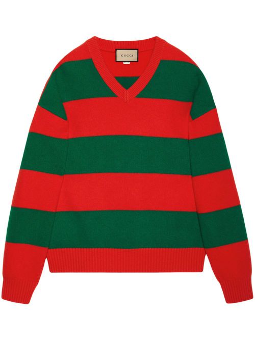 Striped wool V-neck jumper - Red